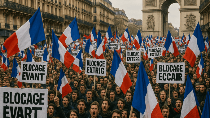 Crowd protesting with French flags.