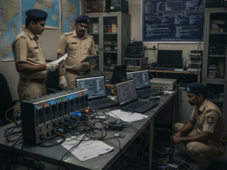 SIM Box fraud India cybercrime investigation equipment seized by police showing multiple SIM card devices