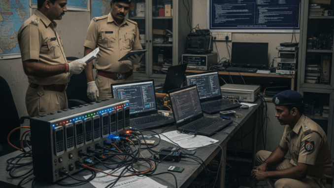 SIM Box fraud India cybercrime investigation equipment seized by police showing multiple SIM card devices